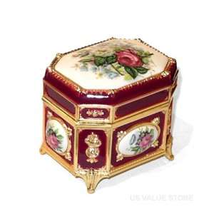   Octagonal Shape Victorian Floral Musical Box Wine Red: Home & Kitchen