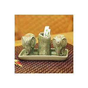  NOVICA Celadon ceramic condiment set, Elephant Soulmates 
