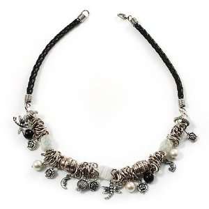    Antique Silver Tone Charm Leather Style Necklace   38cm: Jewelry