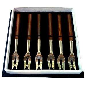  950 Sterling Silver and Wood 6 pc. Cocktail Fork Set 