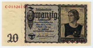 WWII German 20 Mark Nazi Bill ; Lady**LOOK** SWASTIKA  