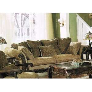 Sofa Couch with Wooden Frame Brown Floral Chenille Fabric  