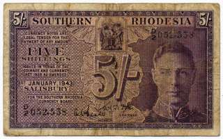 Southern Rhodesia George VI 5 Shillings Banknote 1 1 1943  