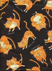 ORANGE STRIPED YOGA CATS ON BLACK   Cotton Quilt Fabric  