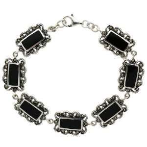  Sterling Silver Onyx and Marcasite Link Bracelet: Jewelry