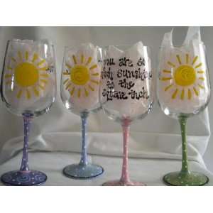  Handpainted Sunshine Wine Glasses  Set of 4: Kitchen 
