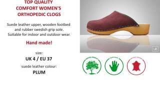 Womens wooden clogs, swedish style, PLUM suede leather , size 4 UK 