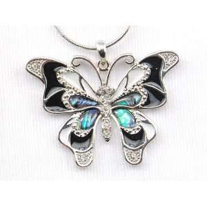   Abalone Shell Crystal Rhinestone Butterfly Pendant Necklace Jewelry