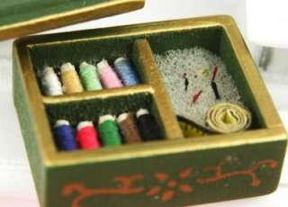 Dollhouse Miniature sewing Kits Tools green wood box  
