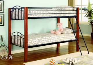 NEW CHERRY FINISH TWIN WOOD & BLACK METAL BUNK BED  