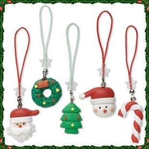 CHRISTMAS CELL PHONE Straps~ Colorful Poly Clay CHARMS Santa~Wreath 