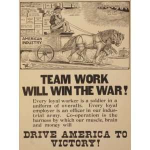  World War I Poster   Team work will win the war 18 X 24 