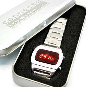 BRAND NEW! LED WATCH 70s UNISEX SS STYLE CHROME RETRO RED FACE SILVER 