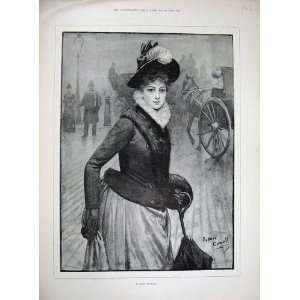   1889 Foggy Morning Lady Woman Umbrella Street Cowell