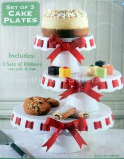 New Set 3 Stackable White Cake Serving Plates + Ribbons Desert Display 