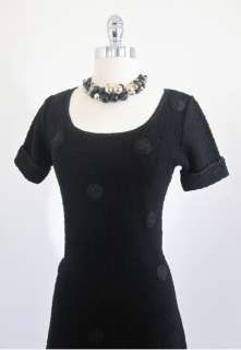 Vintage Vtg Charming Black Textured Knit Ribbon Polka Dot Dress L 