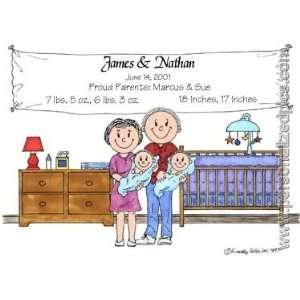   Personalized Name Print   Couple with Twin Baby Boys 