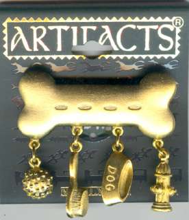 Goldtone Dog Bone Pin with Dangles by JJ   Gift Boxed  