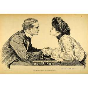  1906 Charles Dana Gibson Chess Game Lovers Girl Print 