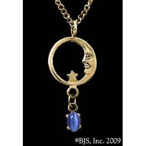 Moon Star Necklace, 14k Yellow Gold, Dark Blue set gemstone, Moon Star 