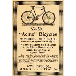  1898 Vintage Ad Acme Bicycle Cycle Elkhart IN Antique 