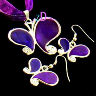 H8302 Fashion Purple Butterfly Gemstone Necklace Pendant Earrings Set 