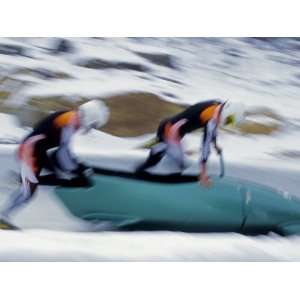  Two Man Bobsled Team Pushing Off at the Start, Lake Placid 