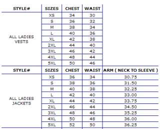 womans leather jackets and vest size chart