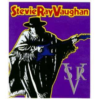  Stevie Ray Vaughn   Holding Guitar with 2 Logos on Purple 