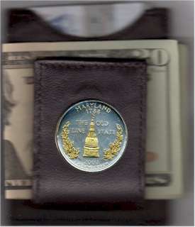 Gold on Silver Maryland Statehood Quarter in a Folding Leather Money 