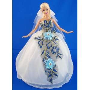White Ball Gown Dress with Blue Applique Flowers with Veil Made to Fit 