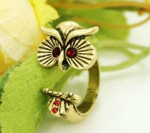 Antiqued brass Red crystal eye lucky owl ring.  