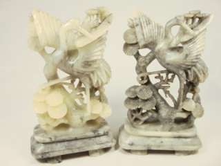 Antique Set Of 2 Soap Stone carved figures Flamingo Birds gray cream 