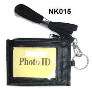 Black Leather THIN ID CARD Holder Neck Travel Pouch Wallet With Key 