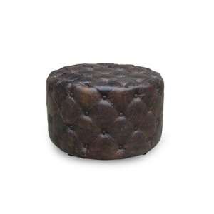  Tall Round Button Tufted Leather Ottoman