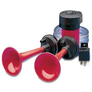   118 dB Air Horn Kit with Compressor, Bracket and Two Red Horn Trumpets