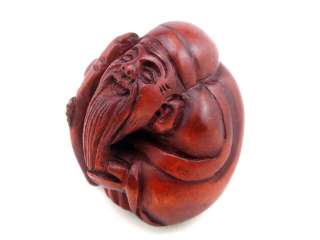 Boxwood Carved Netsuke Sculpture Old Fat Man Holds Cane  