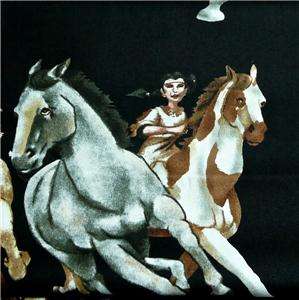   Fabric Cowboys & Indians Riding Horses, Black Background BTY  