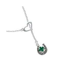 : Good Luck Horseshoe with Green Four Leaf Clover Heart Lariat Charm 