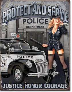 Sexy Cop with Police Cruiser Protect Serve Tin Sign  