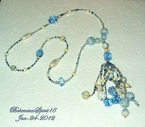   Deco BLUE CZECH ART GLASS BEADED Strand TASSEL FLAPPER Necklace  