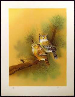 Justiniano Pires Two Owls Hand Signed Original Lithogrpah Art SUBMIT 