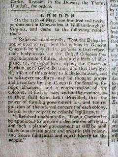 1776 newspaper DECLARATION of INDEPENDENCE authorized at Williamsburg 