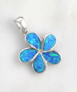 Sterling Silver Blue Opal Inlay Flower Necklace Pendant  