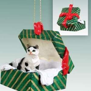    Black & White Tabby Green Gift Box Cat Ornament: Home & Kitchen