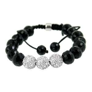   White Ice Cz Disco Ball & 14 Black Beads  Adjustable 7 9 Jewelry