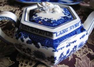   Flow Blue Hexagonal Teapot with Dragon O AVLD LANG SYNE  