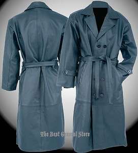   Cowhide Leather Long Duster Trench Coat Double Breasted Lined  
