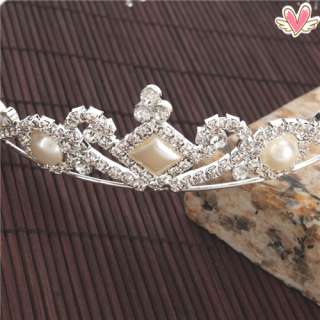   Man Made Pearl Princess Crown Headband TIARA Wedding Bride Pin  