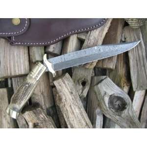  Awesome Folding Bowie Knife   Damascus and Stag Antler 